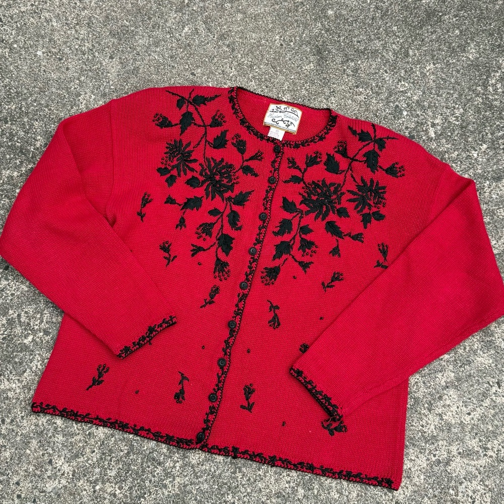 Heirloom Collectibles Red Embroidered Beaded Cardigan Sweater XL Vintage Style